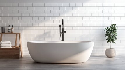 Minimalist Bathroom with Freestanding Tub and Plants