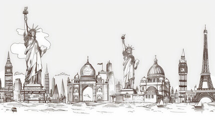 Obraz premium line drawing of famous world landmarks