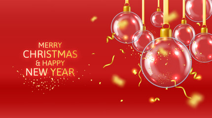 3d transparent new year glass balls in confetti. Render holiday party decoration. Metallic shiny golden confetti. New year and xmas celebration. Realistic vector illustration