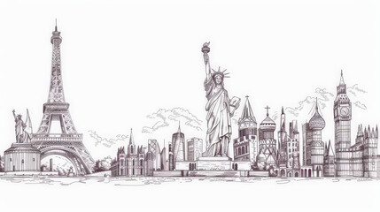 Naklejka premium line drawing of famous world landmarks