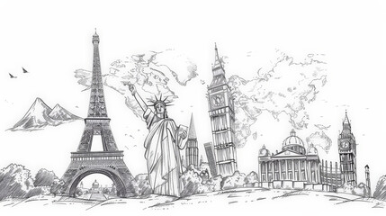 Obraz premium line drawing of famous world landmarks