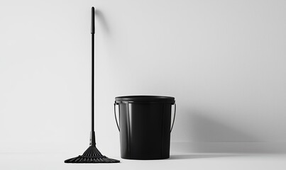 Minimalist Black Mop and Bucket Against White Background