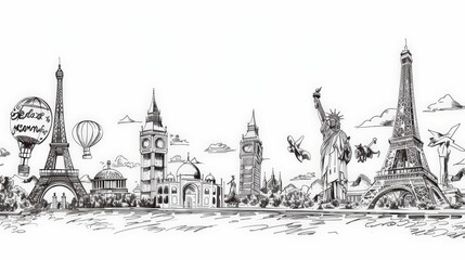 Obraz premium line drawing of famous world landmarks