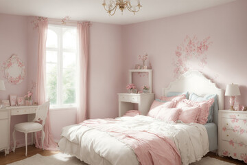 interior of a pink and feminine bedroom with white and pastel furniture and pink wall