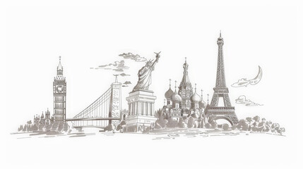 Naklejka premium line drawing of famous world landmarks