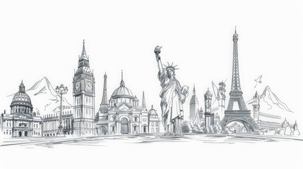 Obraz premium line drawing of famous world landmarks