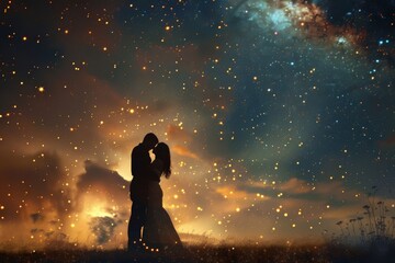 Obraz premium Two people stand under a tree, surrounded by a breathtaking starry sky that sparkles above them, A happy duo sharing a kiss under a starry night sky. AI generated