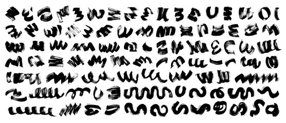 Curly abstract shapes in doodle grunge style. Colorful wavy bold lines with dirty rough texture. Vector geometric, chaotic design elements. Brush strokes, lines. Graffitti forms.