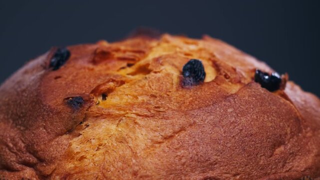 Traditional English Christmas cake tied with a jute thread on the black background. Italian classic Panettone .Pastry Chef sprinkles powdered sugar through a sieve on the fruit Easter cake with