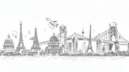 line drawing of famous world landmarks