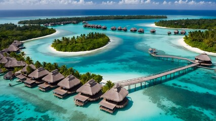 Obraz premium Tropical landscape, seascape panorama, water bungalows villas. Amazing sea reef beachfront. Exotic tourism destination.