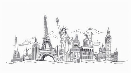 Obraz premium line drawing of famous world landmarks
