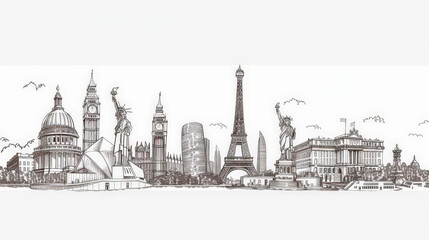 line drawing of famous world landmarks