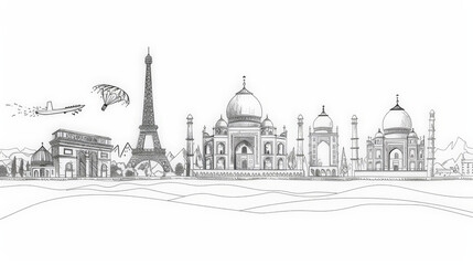 Fototapeta premium line drawing of famous world landmarks