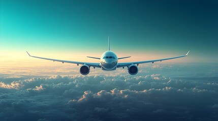 Fototapeta premium modern jetliner soaring through a minimalist sky, with a high-contrast color scheme of deep blues and crisp whites, enhanced by a smooth, textured gradient. national aviation day, travel and aviation