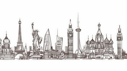 Fototapeta premium line drawing of famous world landmarks