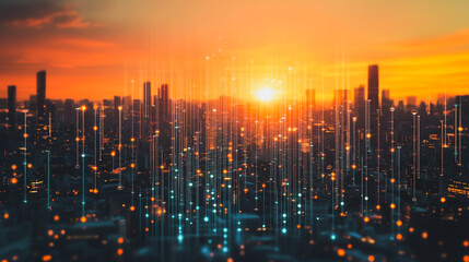  Smart digital city with connection network that is at the cutting edge of innovation in technology and business with bright, modern skyscrapers. Backgrounds for technology and charts and graphs