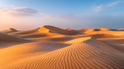 the rolling sand dunes of a desert during golden hour, with long shadows and warm hues. desert dunes at golden hour