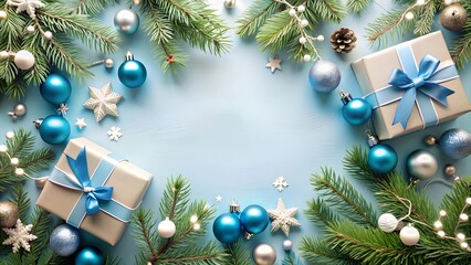 Сhristmas background with christmas tree and decorations on the blue backdrop