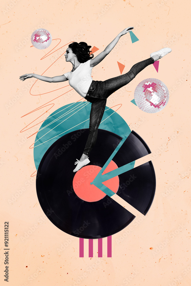 Poster vertical photo collage of happy girl ballerina dance retro vinyl disk occasion disco ball event isol