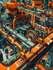 Fototapeta premium RetroFuturistic of Vibrant Factory Workers Assembling Household Products