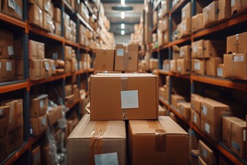 Obraz premium Dropshipping. Warehouse with parcel boxes. Wholesale sales. Resale of goods.