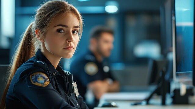 female police officer standing at police station