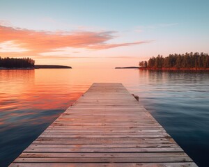 Fototapeta premium A serene wooden dock extends into a tranquil lake at sunset, reflecting vibrant colors.