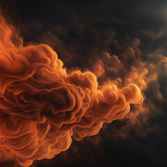 Abstract dark background with billowing orange smoke, realistic, 3D