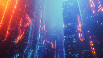 Fototapeta premium Smart digital city with connection network that is at the cutting edge of innovation in technology and business with bright, modern skyscrapers. Backgrounds for technology and charts and graphs