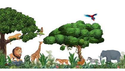 Jungle theme wall art, Green Forest Tree Wall Decor,  Modern Wilderness Art, Jungle wall mural wallpaper, forest background, forest, birds, animals © neelstock