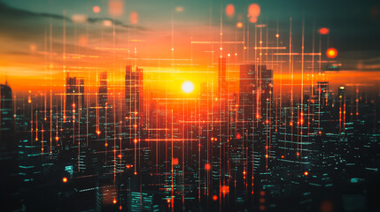 Fototapeta premium Smart digital city with connection network that is at the cutting edge of innovation in technology and business with bright, modern skyscrapers. Backgrounds for technology and charts and graphs