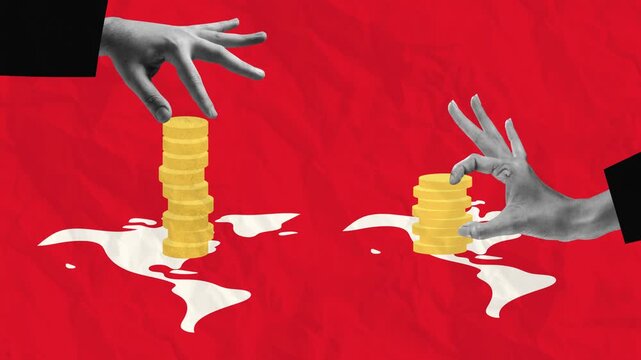 Stop motion, animation. Human hands spreading coins, social budget. Anti corruption fight. Concept of economy, politics, corruption and bribery issue, lie, dishonesty, business and finances