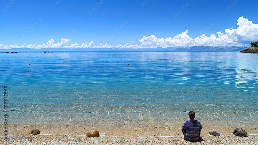 Sticker a man sits on a sandy beach beside a body of water and a distant boat