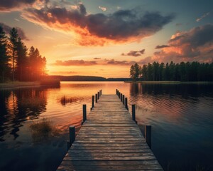 A serene wooden pier extending into a tranquil lake at sunset, surrounded by trees and clouds.