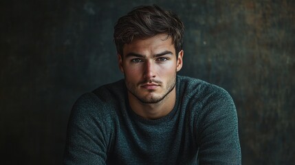 Fototapeta premium Intriguing Gaze: A handsome young man with a captivating gaze stares directly into the camera, his piercing blue eyes and sharp features radiating an air of mystery and confidence. 