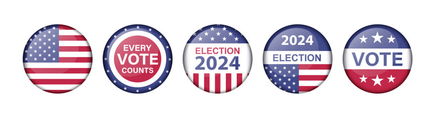Election 2024 round badges set with USA flag colors. American presidential election pins. Realistic vector illustration collection isolated on white background