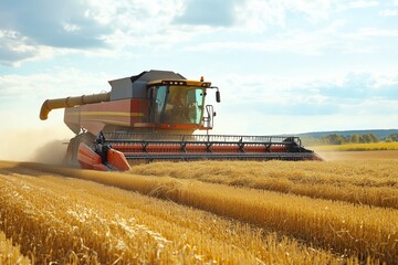 Obraz premium Harvesting wheat in a golden field with a modern combine near rolling hills on a sunny day