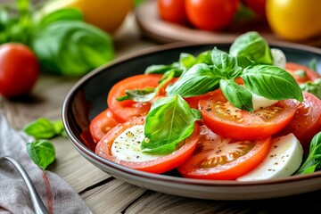 Simple tomato and mozzarella salad with basil leaves on a plate
