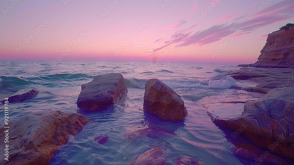 Wall mural rocks in water with sunset in background