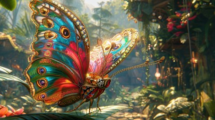 Obraz premium Butterfly flying over lush green field, surrounded by forest with diverse flora