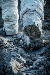 Fototapeta premium Close-up of an astronaut's boot imprinting on the moonâ€™s surface, space suit, Hyper realistic photo, shot with Sony A7Rv, cinematic, Photo with copy space