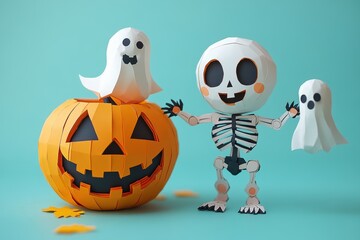 Stylish Paper Art Dancing Skeleton with Pumpkin and Ghost