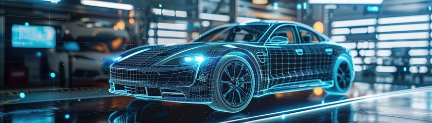 Futuristic Electric Car Wireframe Rendering