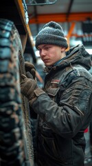 Obraz premium A young man in a gray hat and winter jacket works on a muddy tire in a dimly lit shop. The cold, stark setting underscores the manual labor involved.