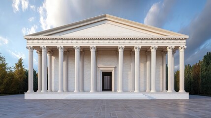 Fototapeta premium A majestic classical temple with grand columns, surrounded by nature under a dramatic sky. Ideal for architectural and historical themes.
