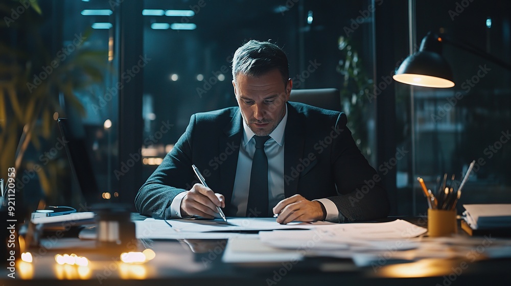 Canvas Prints The Architect of Success: A determined businessman, illuminated by the warm glow of his desk lamp, meticulously reviews blueprints late into the night, embodying dedication and ambition. 