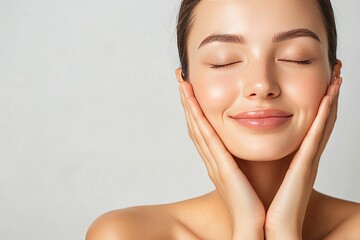 A serene woman smiling with closed eyes, showcasing healthy skin and a natural glow, perfect for beauty and wellness themes.