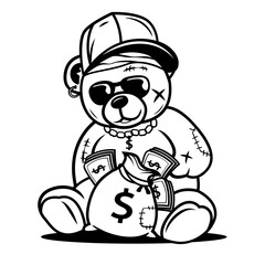 Gangster Teddy | Money Bag | Gangsta Teddy with Money Bag | Stitched Teddy | USD Angle | Cool Teddy | Stitch Teddy | Sitting Teddy | Original Illustration | Vector and Clipart | Cutfile and Stencil