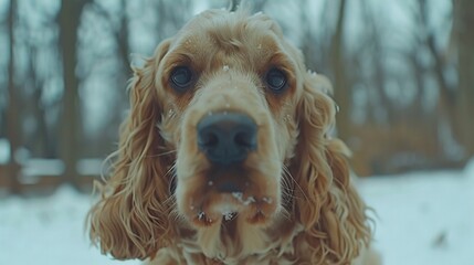   A close-up of a dog's face, covered in snow, against a backdrop of trees